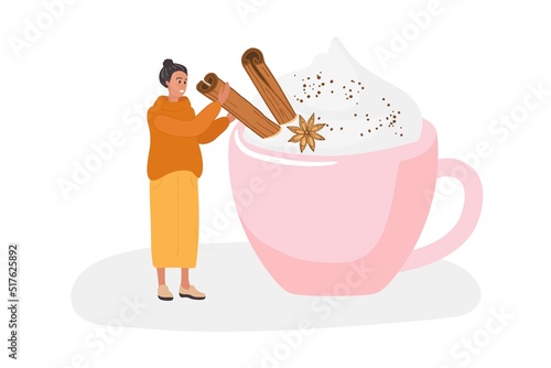 Tiny girl cooking creamy hot drink with cinnamon and anise. Woman serves cinnamon. Flat Vector Template of poster for coffee shop, restaurant, cafe, coffee company, menu. Cartoon woman with hot drink.