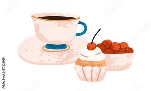 Tea cup on saucer and sweet dessert. Elegant porcelain teacup, sugar cupcake ...