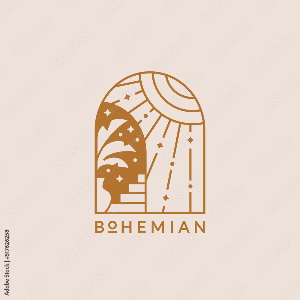 Boho logo. Vector isolated design with sun, stars and plant. Arch shape. Trendy line emblem for boho hotel, yoga studio, alternative healing practices, spiritual, celestial, or others themes. Boho logo. Vector isolated design with sun, stars and plant. Arch shape. Trendy line emblem for boho hotel, yoga studio, alternative healing practices, spiritual, celestial, or others themes.