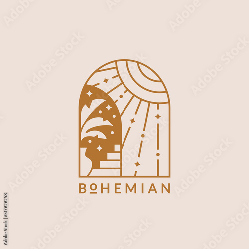 Boho logo. Vector isolated design with sun, stars and plant. Arch shape. Trendy line emblem for boho hotel, yoga studio, alternative healing practices, spiritual, celestial, or others themes.