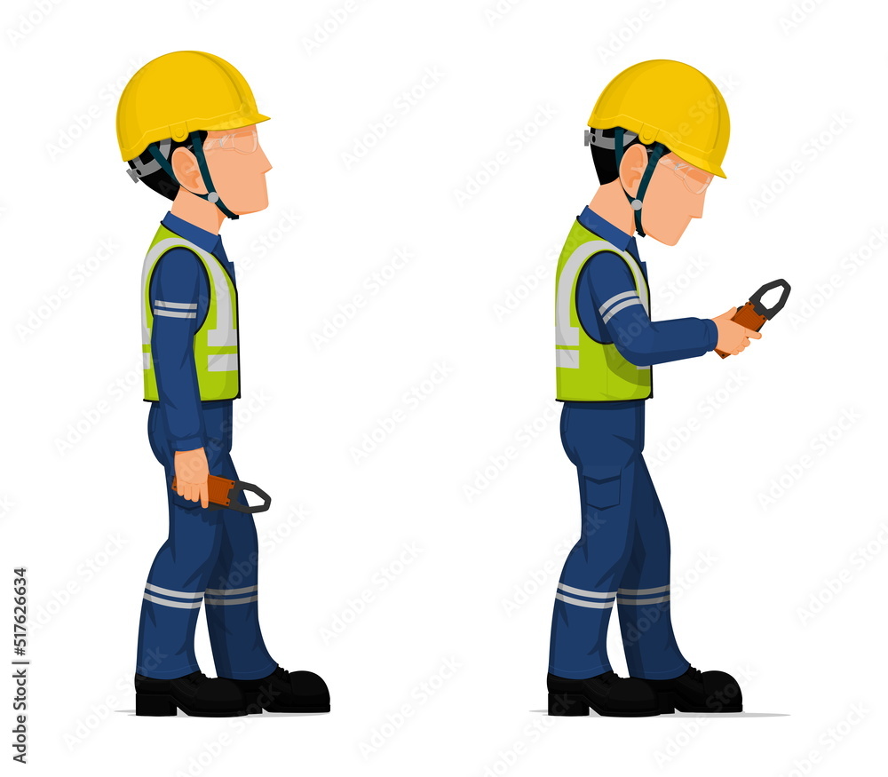 Industrial workers with clamp meter on white background Industrial workers with clamp meter on white background