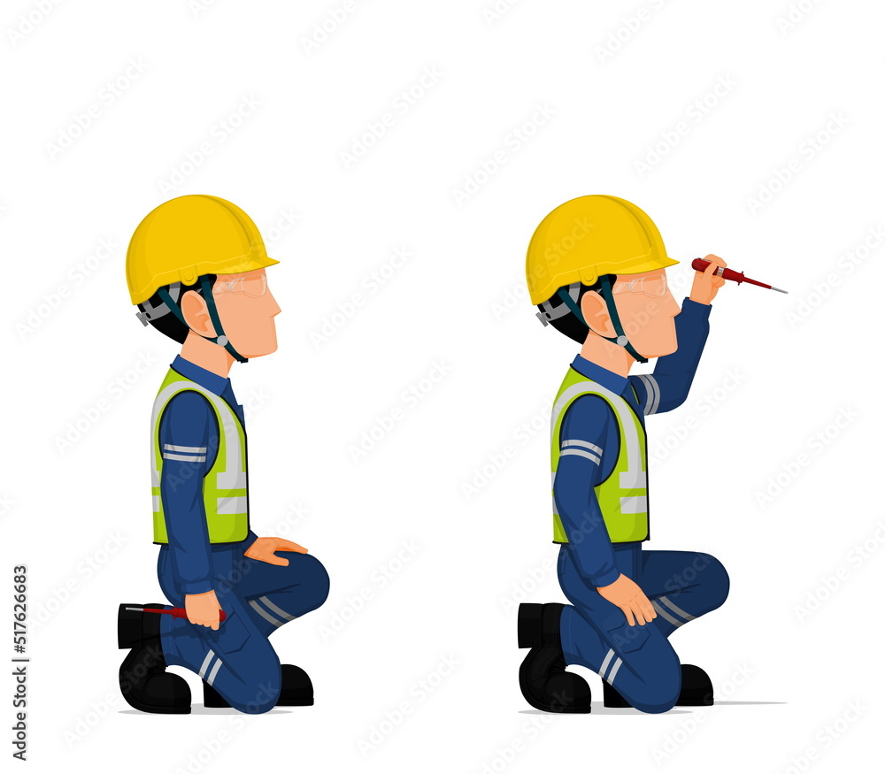 Industrial workers with screwdriver tester on white background
