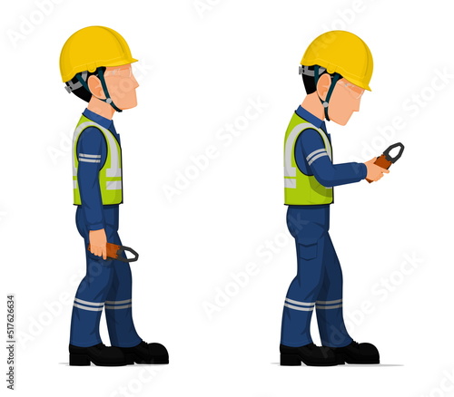 Industrial workers with clamp meter on white background