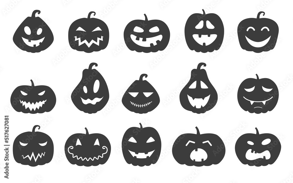 Collection of funny Halloween pumpkins silhouettes isolated on a white background. Vector illustration - obrazy, fototapety, plakaty 