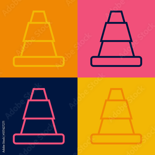 Pop art line Traffic cone icon isolated on color background. Vector