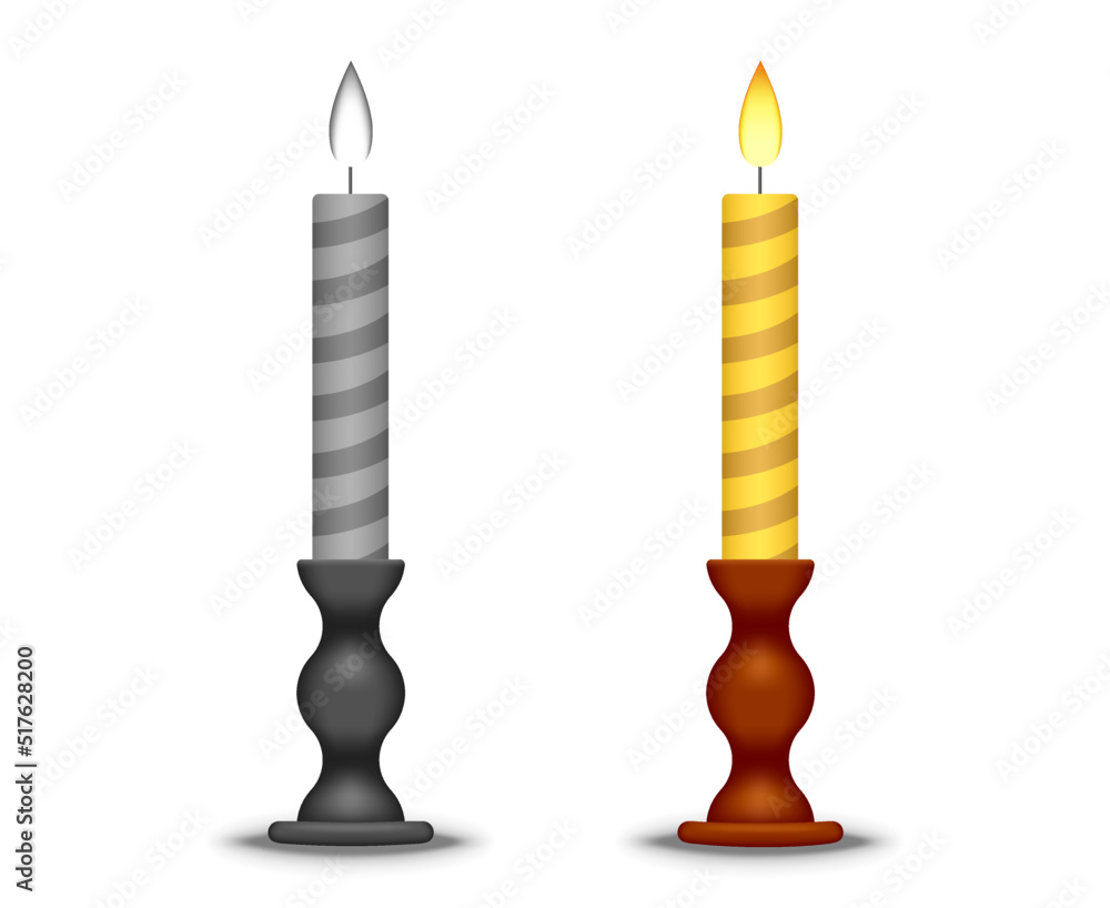 Burning candle and candlestick, 3D vector illustration. 3D render of candle with flame, holiday decoration and design. Holiday vector graphics Burning candle and candlestick, 3D vector illustration. 3D render of candle with flame, holiday decoration and design. Holiday vector graphics