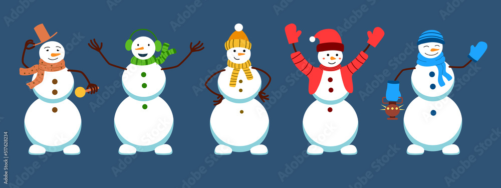 A set of cute Christmas snowmen in a scarf and hat. New Year illustration. Isolated Vector graphics in a flat, cartoon style