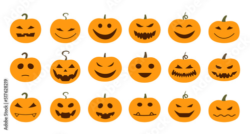 A halloween set of 18 pumpkins with emotional faces. Smiling creepy, scary, toothy or sad and cheerful pumpkins. Vector illustration in a flat, cartoon style