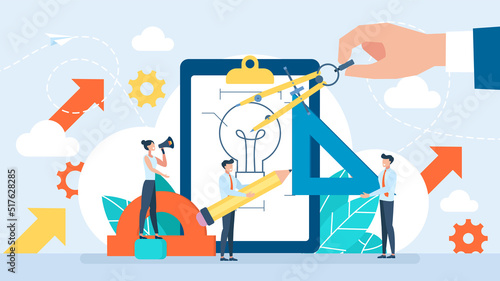 Idea generation. Office stationery and tools. Folder with a drawing. Сompass, protractor, pencil, triangle. Drawing tools illustration. Tiny characters work in a team. Flat design vector illustration