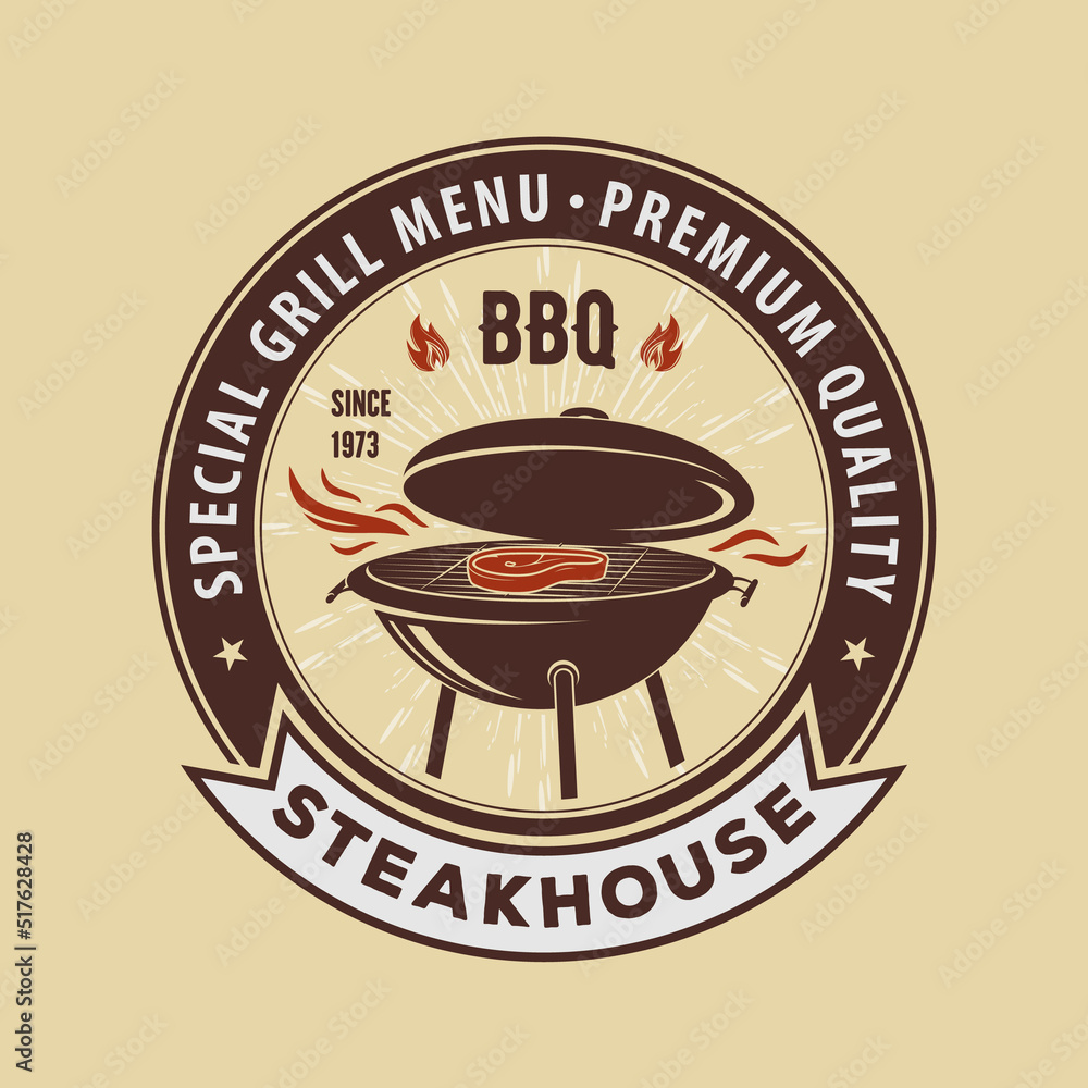 Steakhouse logo design with barbecue grill. Vector illustration