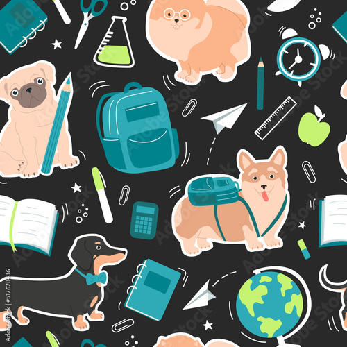 Photography Seamless pattern of cute dogs and school elements - globe, paper clips, backpack, paper planes, pens, books, notebooks