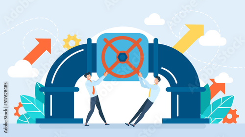 Opening, closing the pipeline. Tiny characters turn the valve on the pipe. Pipeline transport. Transportation of gas, oil, gasoline, fuel. Open the faucet. Flat design. Business illustration. Vector