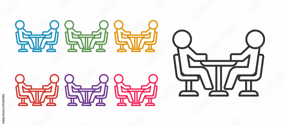 Set line Meeting icon isolated on white background. Business team meeting, discussion concept, analysis, content strategy. Presentation conference. Set icons colorful. Vector Set line Meeting icon isolated on white background. Business team meeting, discussion concept, analysis, content strategy. Presentation conference. Set icons colorful. Vector