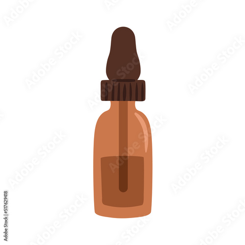 Glass bottle with abstract liquid and pipette. Transparent jar closed with ey...