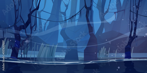 Swamp in night forest with creepy trees, vines and mysterious haze floating over deep water. Nature landscape with marsh in wood. Game background, fantasy mystic wild pond, Cartoon vector illustration