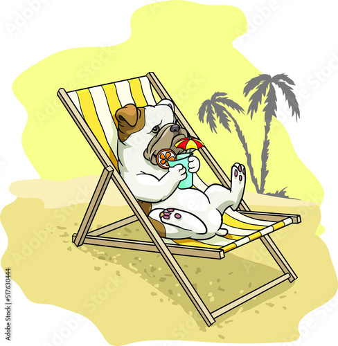 English Bulldog, French, sitting on a deck chair with a drink, palm tree, vector, illustration, cartoon, 
