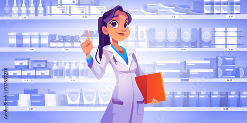 Medicine service concept with female doctor or pharmacist in white robe with folder in hand stand with raised index finger at shelf with medical pills and remedy packages, Cartoon vector illustration