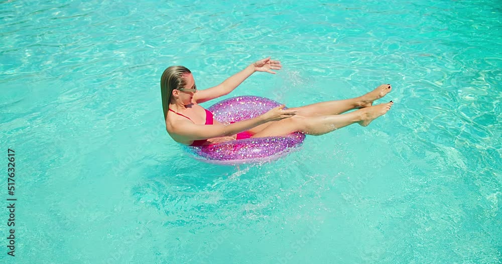 Pretty woman swim at seaside. Slim female relaxing along sea water waves on beach at sunset. Travel, vacation, summer concept. Slow motion 4K Pretty woman swim at seaside. Slim female relaxing along sea water waves on beach at sunset. Travel, vacation, summer concept. Slow motion 4K