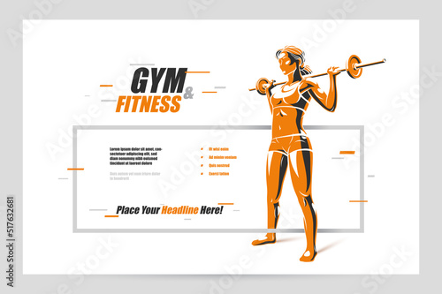 Young attractive woman with perfect muscular body training with a barbell vector flyer for advertising isolated, sport exercises active lifestyle banner.