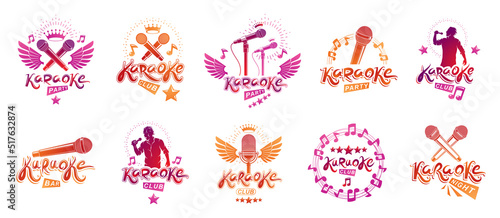 Karaoke party or club logos and emblems vector set isolated, singing music nightlife entertainment weekend theme, microphones and musical notes compositions.