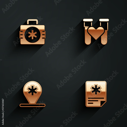 Set First aid kit, Test tube with blood, Location hospital and Patient record icon with long shadow. Vector