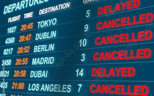 Airport flight table. Cancelled or delayed flights to Dublin, Berlin, Madrid or Dubai. Close up flight departure board. International airport, tourism and travel concept. 3D illustration