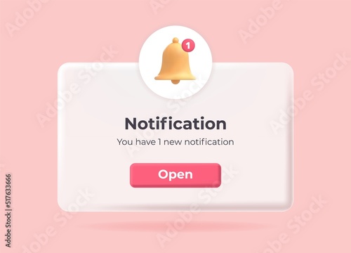 3d notification. Popup page with floating elements. Social media, business or event planning, reminder with 3d bell. Vector Illustration photo