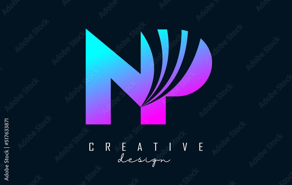 Creative colorful letters NP n p logo with leading lines and road concept design. Letters with geometric design.
