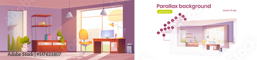 Parallax background home office interior, room for working with pc desk front of large window. Area for freelance or business 2d game animation layers, iu sidescroller, Cartoon vector illustration