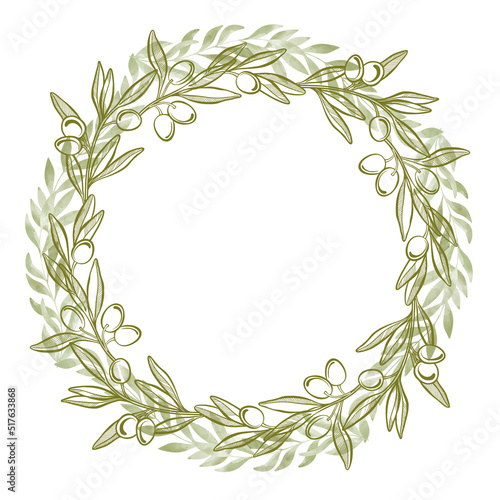Round frame with graphic and watercolor olive branches. Illustration with place for text  can be used creating card  menu or invitation card.
