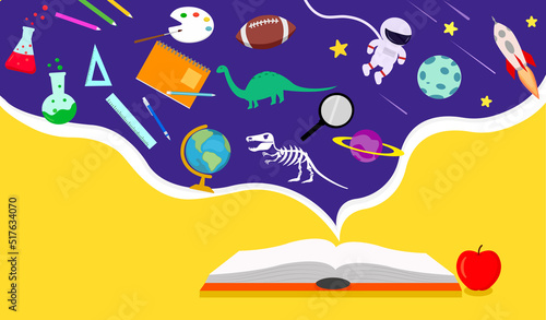 Colorful back to school banner poster, open book and apple on yellow background with purple space dreaming imagination of knowledge education icons, reading is inspiration of kid, vector illustration.
