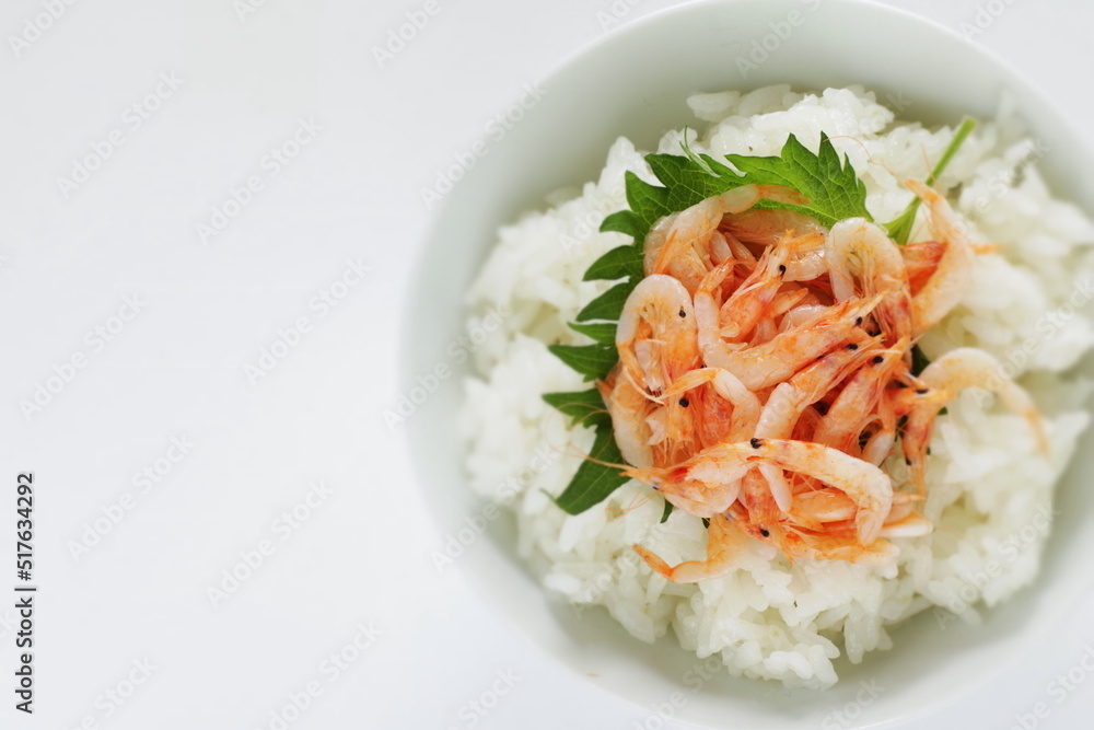 Japanese food, boiled shrimps and herbal Shiso on rice Japanese food, boiled shrimps and herbal Shiso on rice