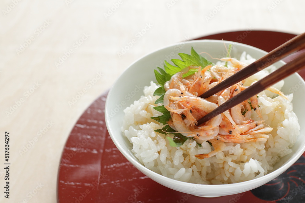 Japanese food, boiled shrimps and herbal Shiso on rice Japanese food, boiled shrimps and herbal Shiso on rice
