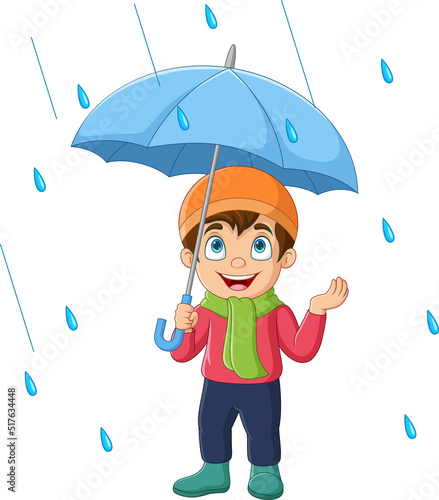 Cartoon little boy holding umbrella in the rain