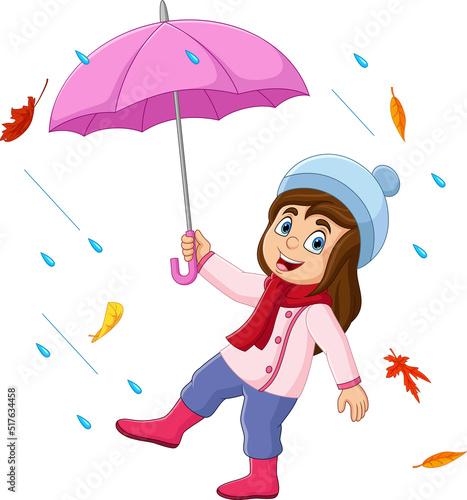 Cartoon little girl holding umbrella in the rain and falling autumn leaves