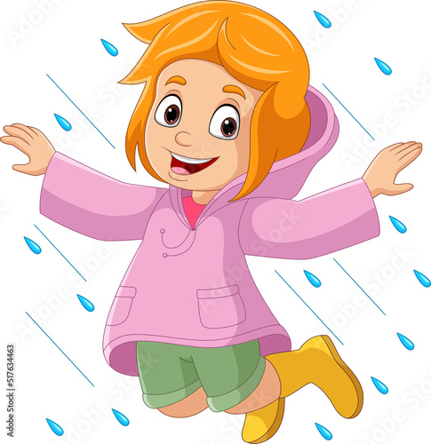 Cartoon little girl jumping wearing raincoat and boots in the rain