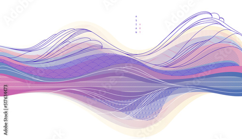 Oriental Japanese style vector abstract illustration, background in Asian traditional style, wavy shapes and mountains terrain, runny like sea lines.