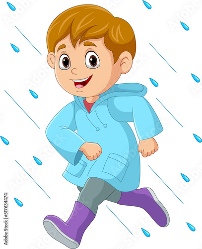Cartoon little boy running wearing raincoat and boots in the rain