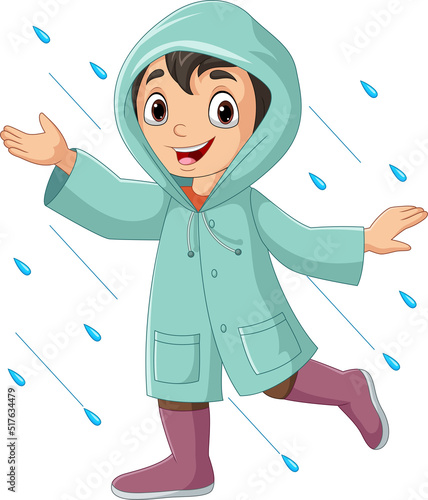 Cartoon little boy wearing raincoats and boots in the rain