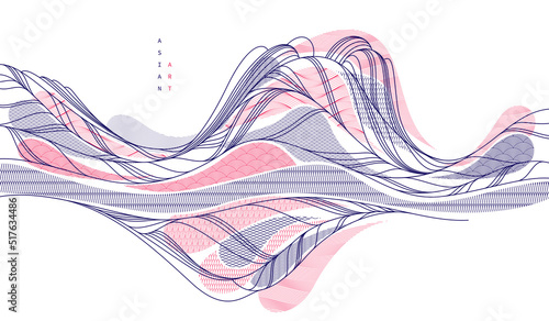 Oriental Japanese style vector abstract illustration, background in Asian traditional style, wavy shapes and mountains terrain, runny like sea lines.