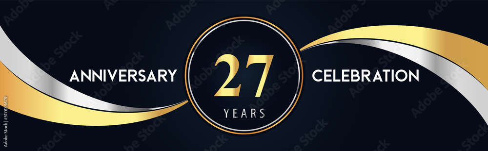 27 years anniversary celebration logo design with gold and silver creative shape on black pearl background. Premium design for poster, banner, weddings, birthday party, celebration event. 27 years anniversary celebration logo design with gold and silver creative shape on black pearl background. Premium design for poster, banner, weddings, birthday party, celebration event.