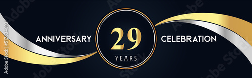 29 years anniversary celebration logo design with gold and silver creative shape on black pearl background. Premium design for poster, banner, weddings, birthday party, celebration event.