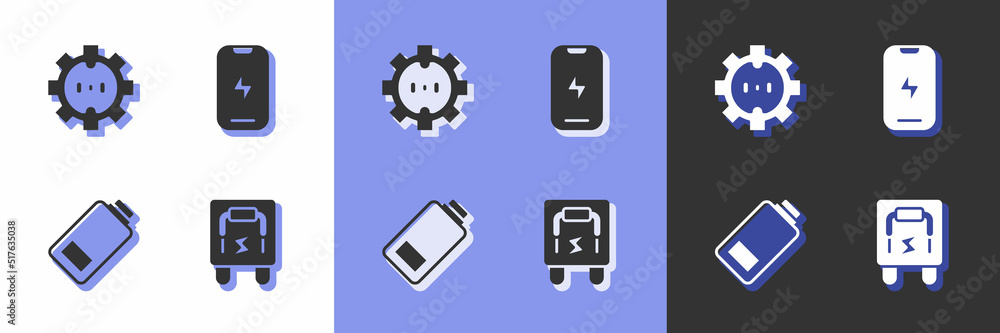 Set Electrical panel, outlet, Battery charge and Mobile phone icon. Vector