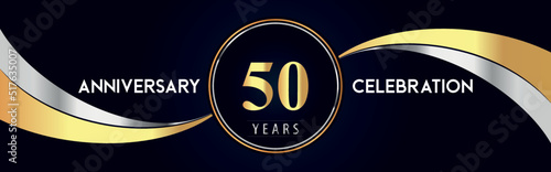 50 years anniversary celebration logo design with gold and silver creative shape on black pearl background. Premium design for poster, banner, weddings, birthday party, celebration event.