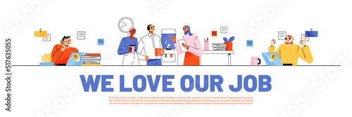 Wallpaper Mural Office job banner with people employees on workplace. Vector poster of company team with flat illustration of worker characters busy, sleep and meeting near water cooler Torontodigital.ca