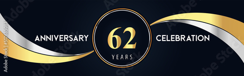 62 years anniversary celebration logo design with gold and silver creative shape on black pearl background. Premium design for poster, banner, weddings, birthday party, celebration event.