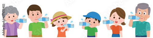 水分補給する三世代家族　イラスト