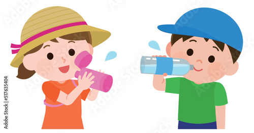 水分補給する男の子と女の子　イラスト