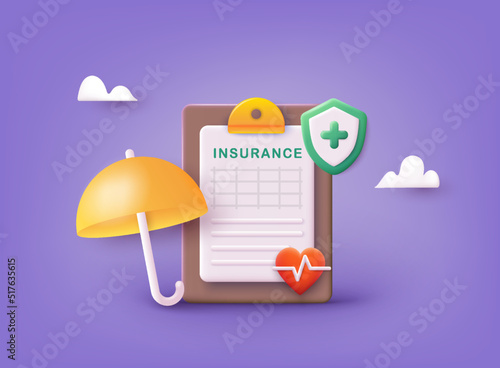 Health insurance concept. Big clipboard with document on it under the umbrella. Healthcare, finance and medical service. 3D Web Vector Illustrations.