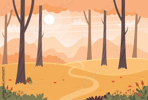 Fototapeta Naklejka Na Ścianę i Meble -  Autumn landscape with trees, fields and hills. Countryside landscape. illustration in flat style